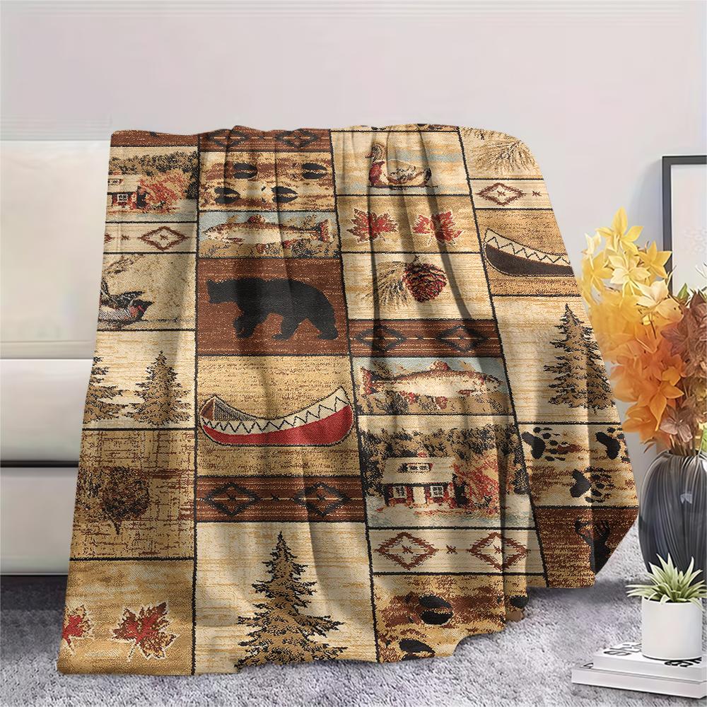 1Pc Cabin Bear Print Flannel Blanket, High Quality Comfortable for All Seasons, Home Decor, Warmth and Comfort, Perfect for Gifts