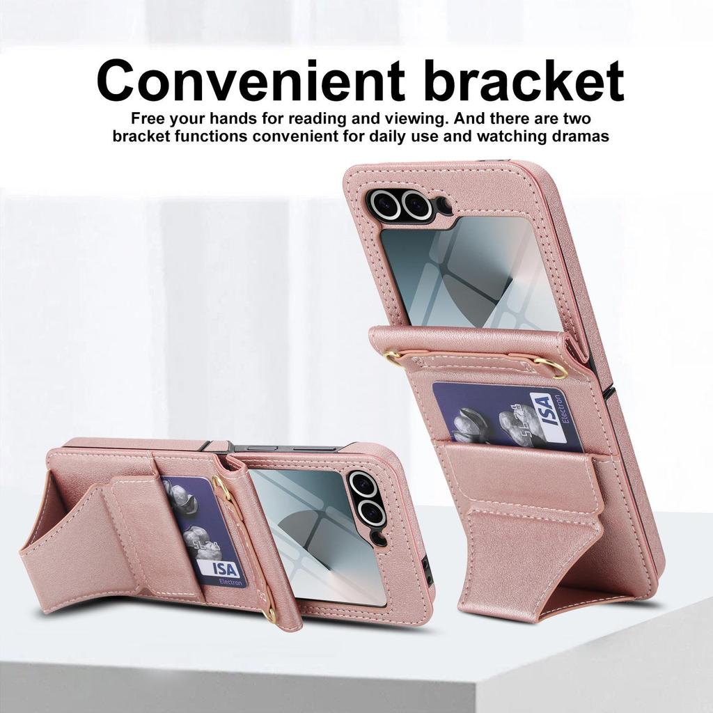 Samsung Flip6/7 Leather Crossbody Phone Case with Card Slot & Tempered Film Protection