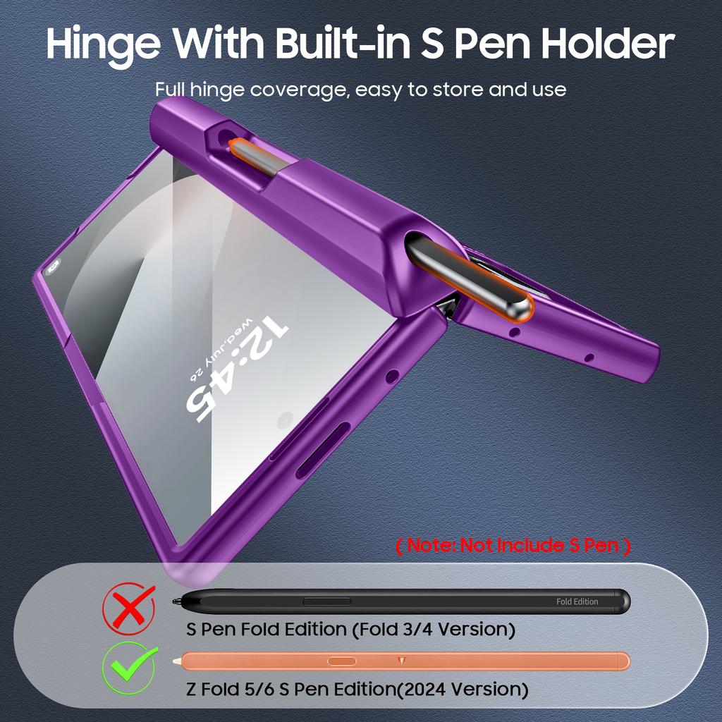 For Samsung Galaxy Z Fold 6,Back Card Pack,Integrated Pen Slot,Full Coverage 9H Protective Film,Shockproof Phone Case-Purple