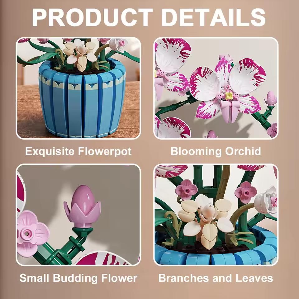 Orchid Pot Potted Plant Construction Block Pink Flower Potted Plant Model Game Toys Sets Latest Year Christmas Birthday Gifts