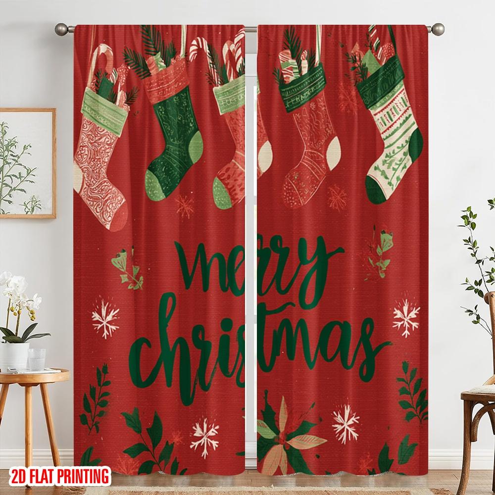 2pcs,2D plane printing Popular Curtains Stockings_ Snowflakes & Poinsettias Durable Polyester (without rod) Decorations Inside