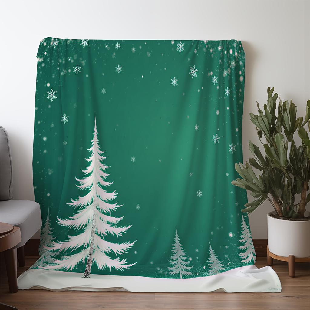 1pc Vintage Style Flannel Throw Blanket with Cedar & Snowflake Print, Polyester Fabric, All-Season Cozy Warm Soft Blanket