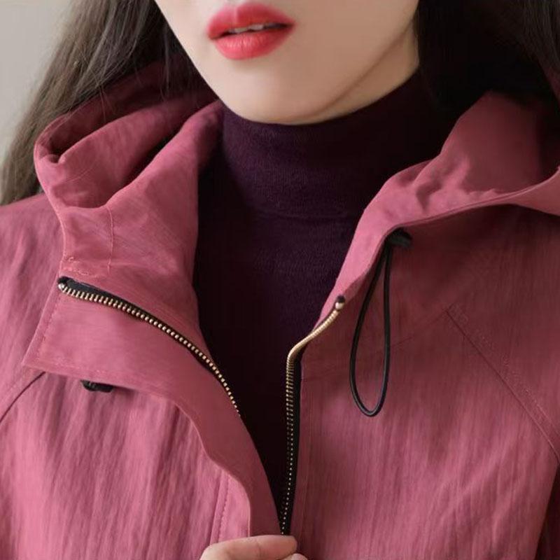 Windbreaker Jacket Women Medium-length Casual Hooded Solid Color Waisted Jacket