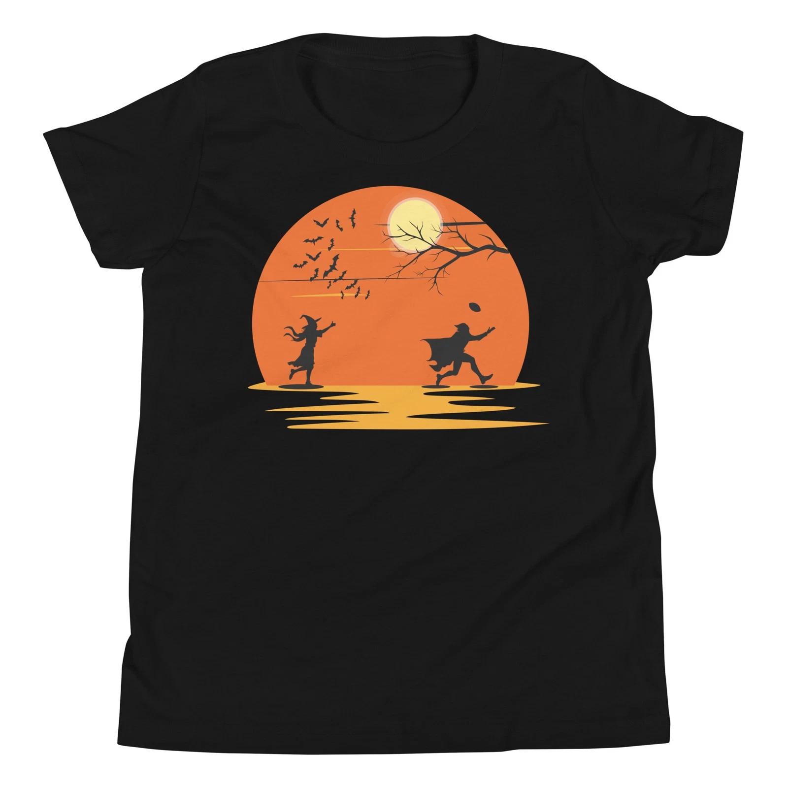Witch and Vampire Playing Football Halloween Costume Spooky Sunset Youth T-Shirt 120