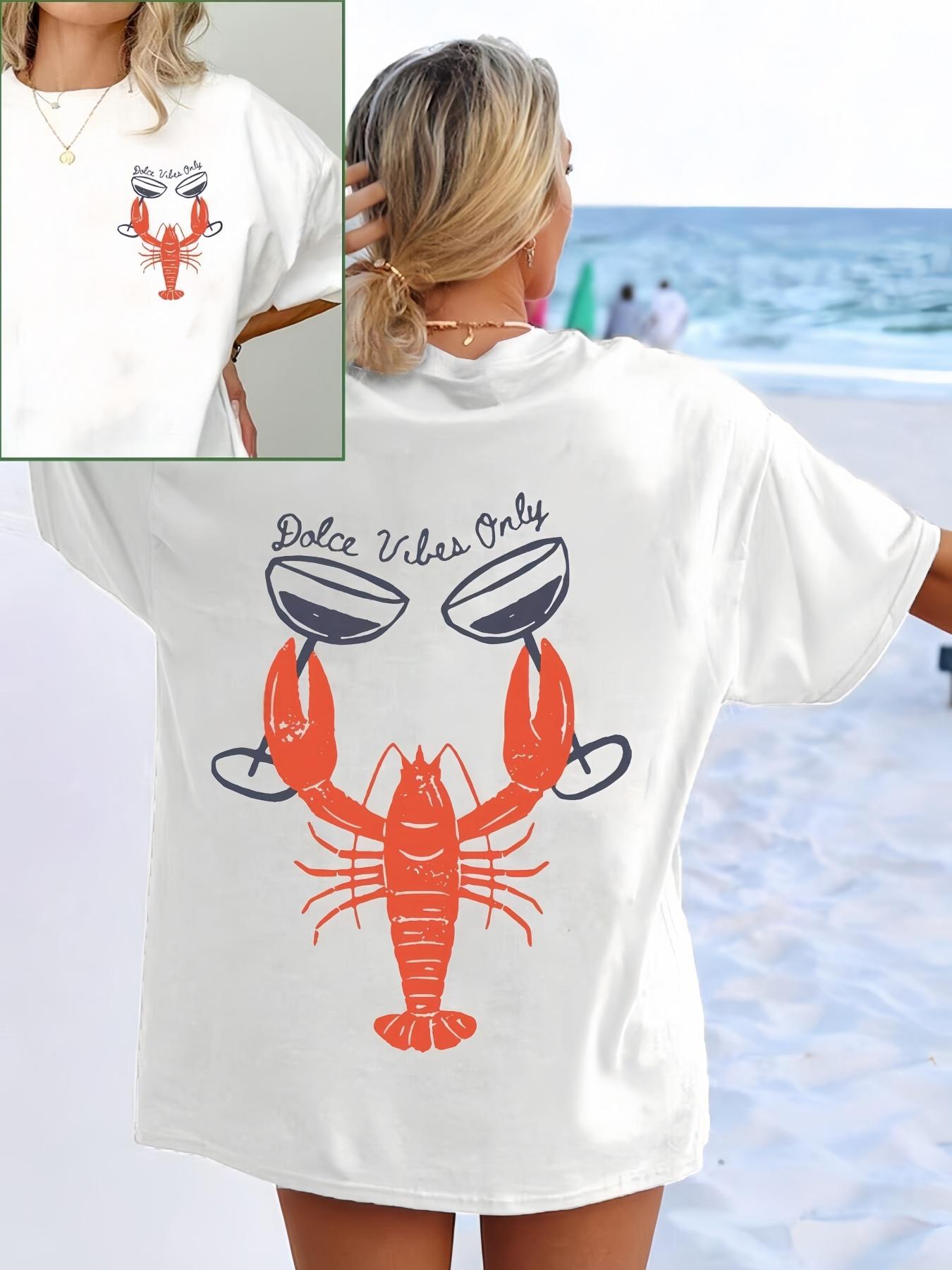 

Lobster and wine glass print short-sleeved T-shirt casual and versatile style suitable for summer daily wear and going out S