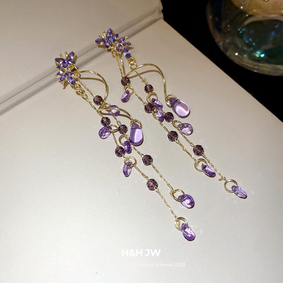 Silver Needle Diamond Butterfly Water Drop Tassel Earrings Retro Fresh Sweet Delicate Earrings Light Luxury Premium Earrings Women