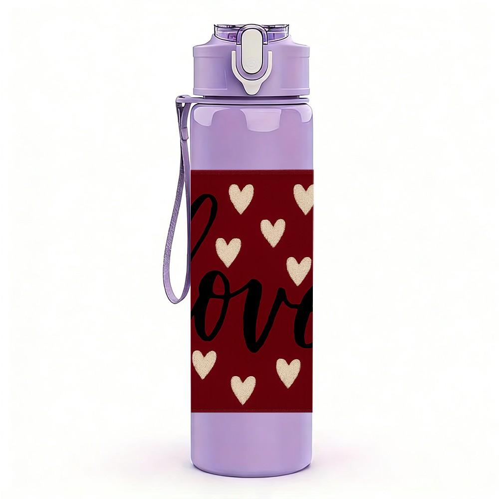 1PC Red Heart Repeat Love Pattern 750ml Color Plastic Sports Water Bottle Leakproof Flip Straw Lid Suitable for Sports Office Home Use