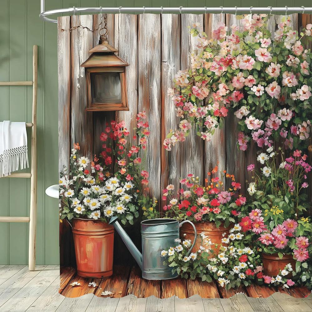Cortina de Ducha Jardín Sereno - Con Ganchos, Vibrante Natural Rústico Patio y Flores Cortinas de Baño Decoración del Hogar Cortina