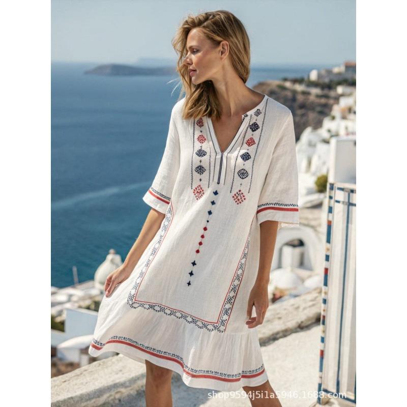 2026 women's V-neck dress seaside vacation 3D printing loose skirt beach