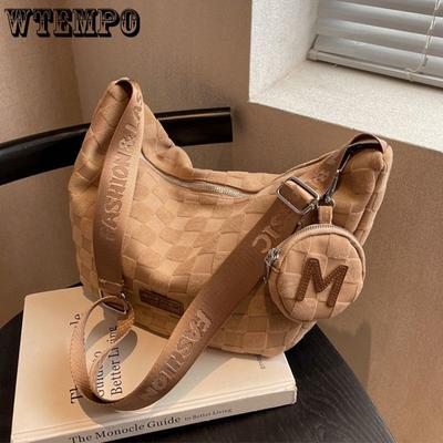 Canvas Bag for Women's Large  Fashionable Broadband Crossbody Bag Popular Towel Grid Niche Autumn and Winter Dumpling Bag