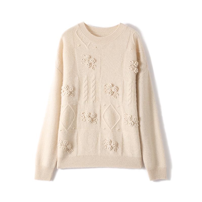Women's Autumn Winter Wool Crochet Sweater - Casual Embroidered Round Neck Loose Knitwear