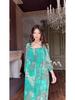 2024 Summer European & American Women's Color Block Print Elegant Long Dress - Slim Fit, Square Neck, Long Sleeves