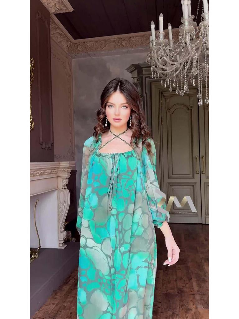 2024 Summer European & American Women's Color Block Print Elegant Long Dress - Slim Fit, Square Neck, Long Sleeves