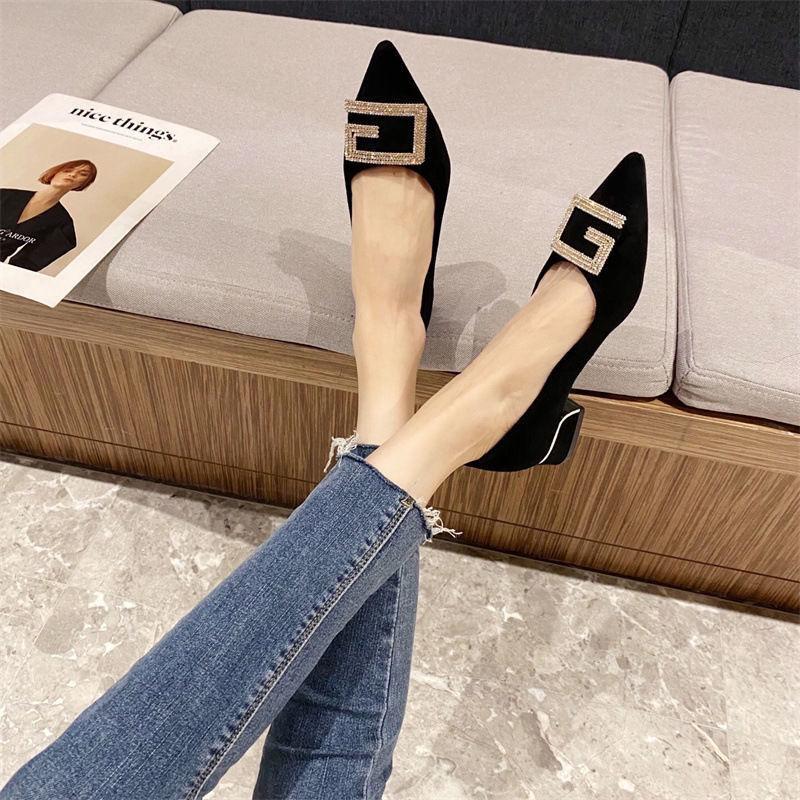 2025 spring and autumn new pointed tip shallow mouth single shoes women's season thick heel rhinestone metal buckle versatile soft leather flat 