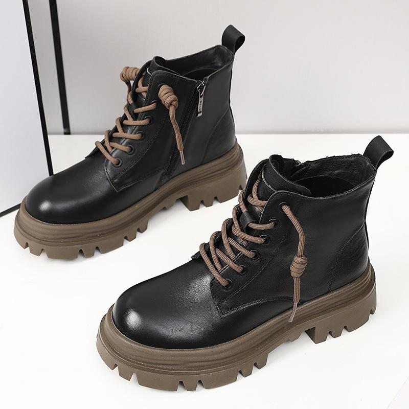 2025 Winter Shoes Women Genuine Leather Boots Warm Plush Thick Sole 4cm Non-slip Fashion Brand Ladies Ankle Boots Black