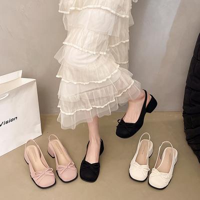 Women Square-toed Shallow Thick-heeled Sandals Elegant Bow Shoes Woman Summer Pu Ballerinas Soft Square Head Casual Sandals