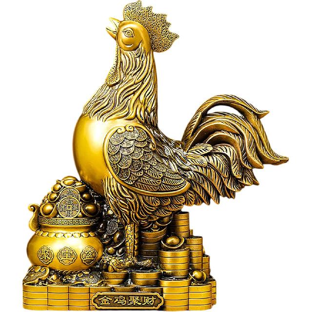 Brass Golden Rooster with Treasure Basin Feng Shui Statue – Symbol of Wealth, Prosperity & Good Fortune, Figurine for Home, Office Desk or Living Small