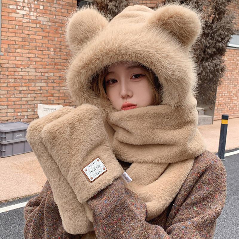 Korean Cute Plush Three-piece Set for Women's Autumn and Winter New Scarf Gloves Hat Integrated Plus Velvet Cold Proof and Warm Hat