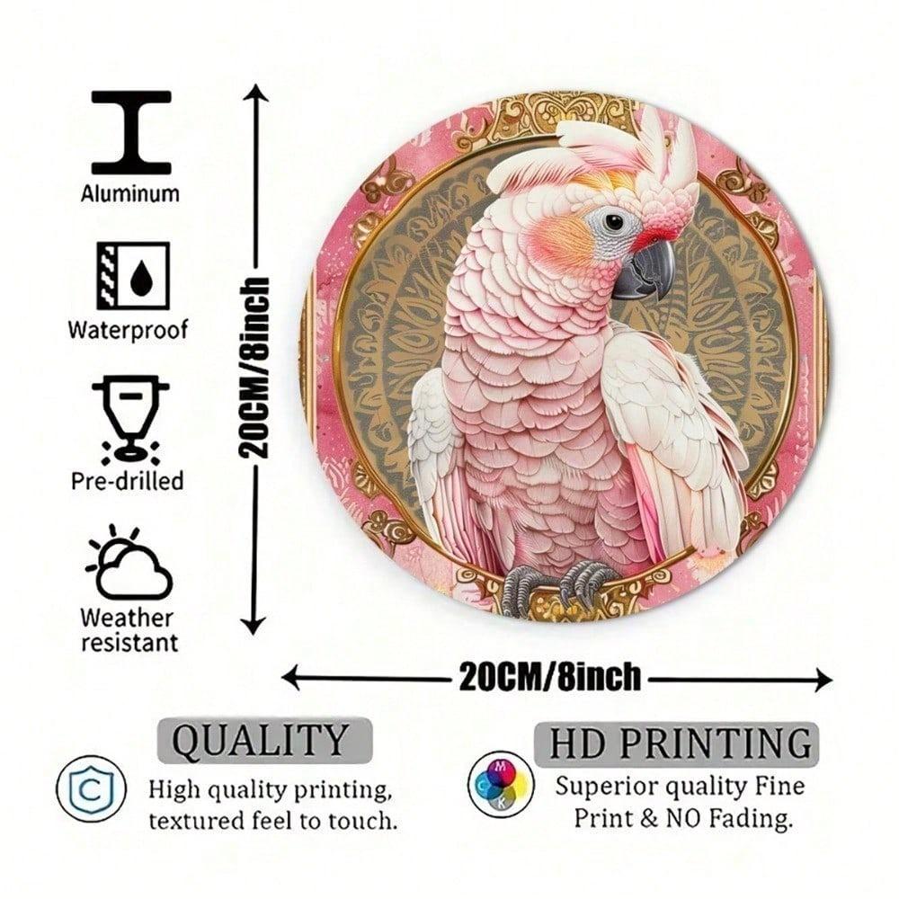 Vintage Parrot Metal Wall Sign 8x8 Inch Round Gold Frame Tropical Bird Art
