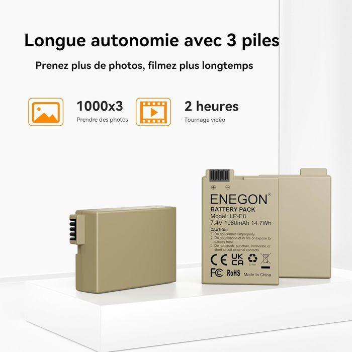 ENEGON Lot de 3 Batteries LP-E8 (1980mAh) + Chargeur LED 3 Ports pour Canon EOS Rebel T2i-T5i/Kiss X4-X7i/EOS 550D-700D