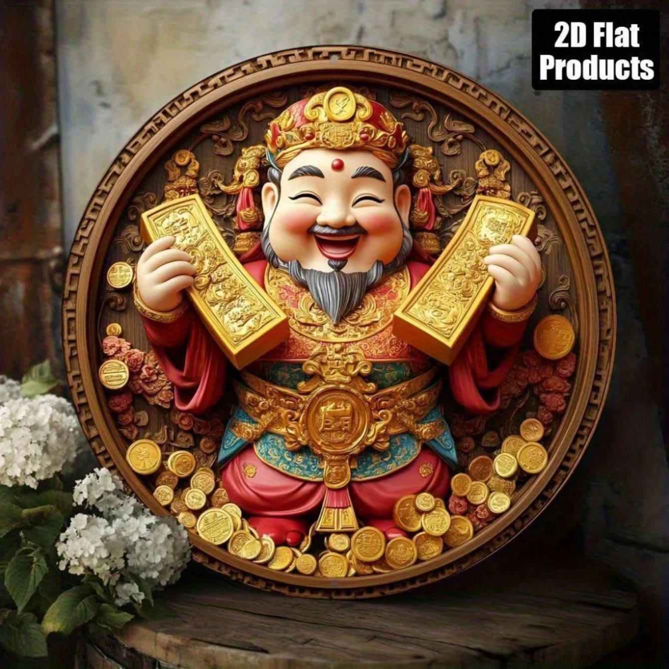 Vibrant Wood Wall Art Traditional Chinese Wealth God Round Decoration 20x20