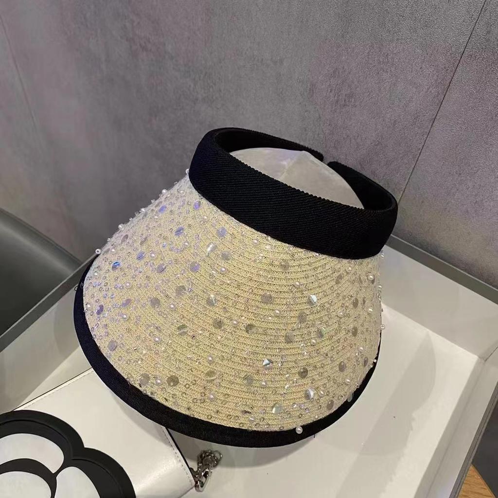 Fortgeschrittener Zigeuner Strass Stroh Leerer Zylinder Damen Sommer Ausflug Meer Sonnenschutz Schatten Stirnband Hut