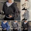 Kadın Kısa Fermuarlı Kapüşonlu İpli Uzun Kollu Crop Sweatshirt Sonbahar Günlük Cepli Kapüşonlu Ceket