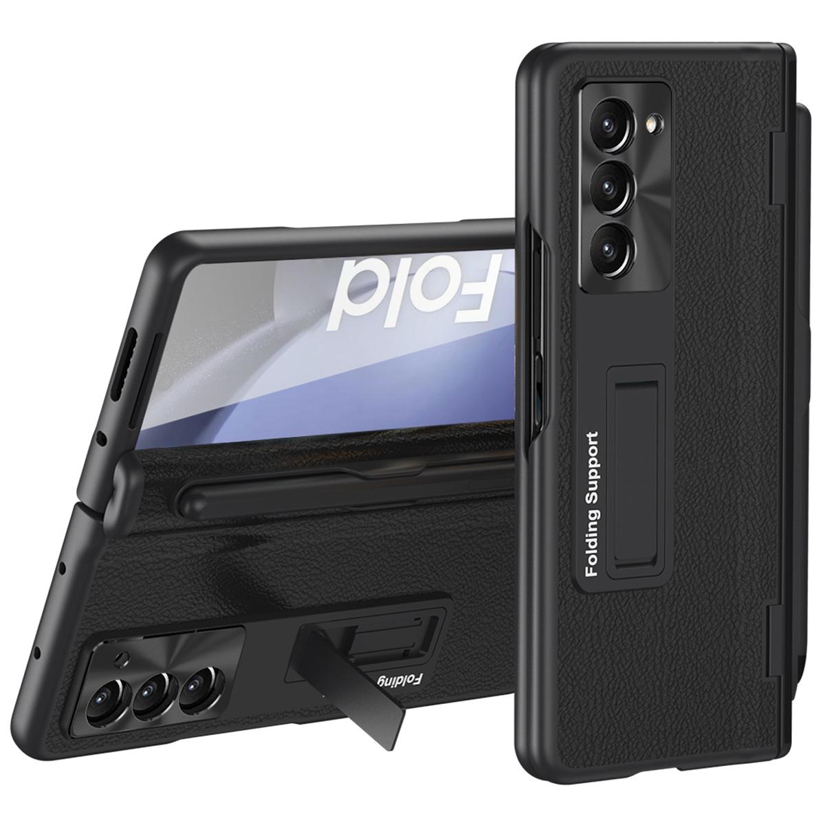 

For Samsung Galaxy Z Fold6 5G Kickstand Case Leather+PC Phone Cover with Stylus and Tempered Glass Film Black