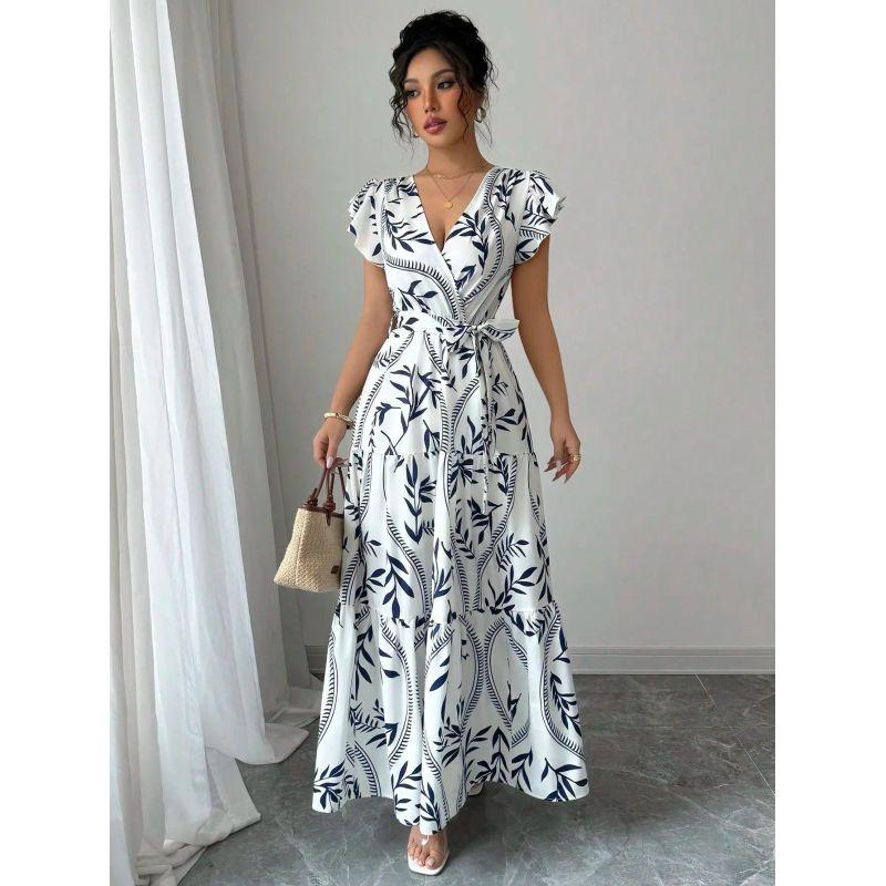 

Long Length Dress Print Frill V-neck Sexy Slim fit Slimming Long Dress Formal Dress White XXXL