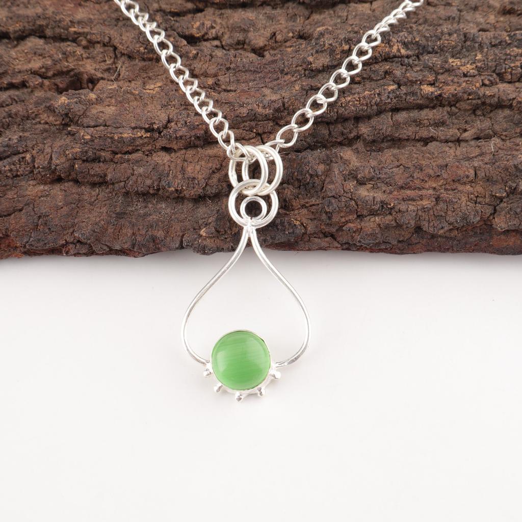 Friendship Day Deal Natural Green Cat'S Eye 925 Sterling Silver Trendy Pendant PP-40-44