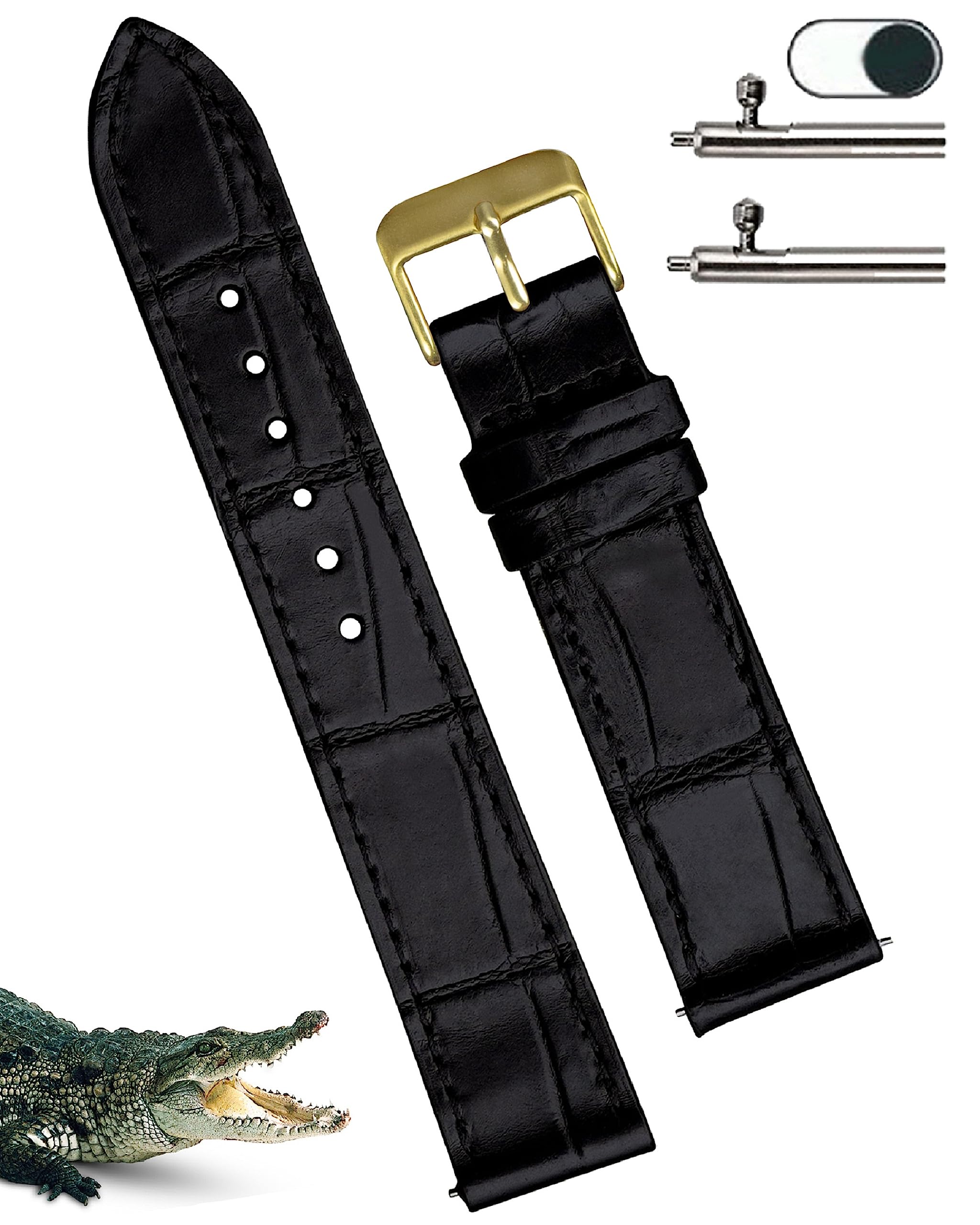 

[vinacreations] 20mm Black Crocodile Watch Strap with Quick-Release Spring Bars, Slim Design, Handmade, Handcrafted, Men s Watch Band, Gold Buckle,