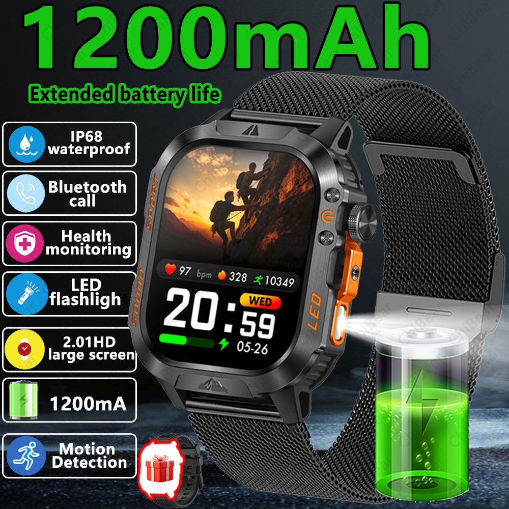 New Outdoor Sports SmartWatch Compass Sleep Monitoring LED Flashlight Heart Rate Blood Oxygen Bluetooth Call Smart Watch Men