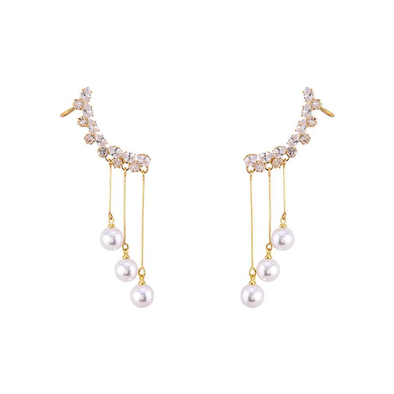 OEM Korean Fashion 18k Gold-plated Alloy Pearl Tassel Earrings One-piece Crystal Pearl Tassel Ear Clip Earrings