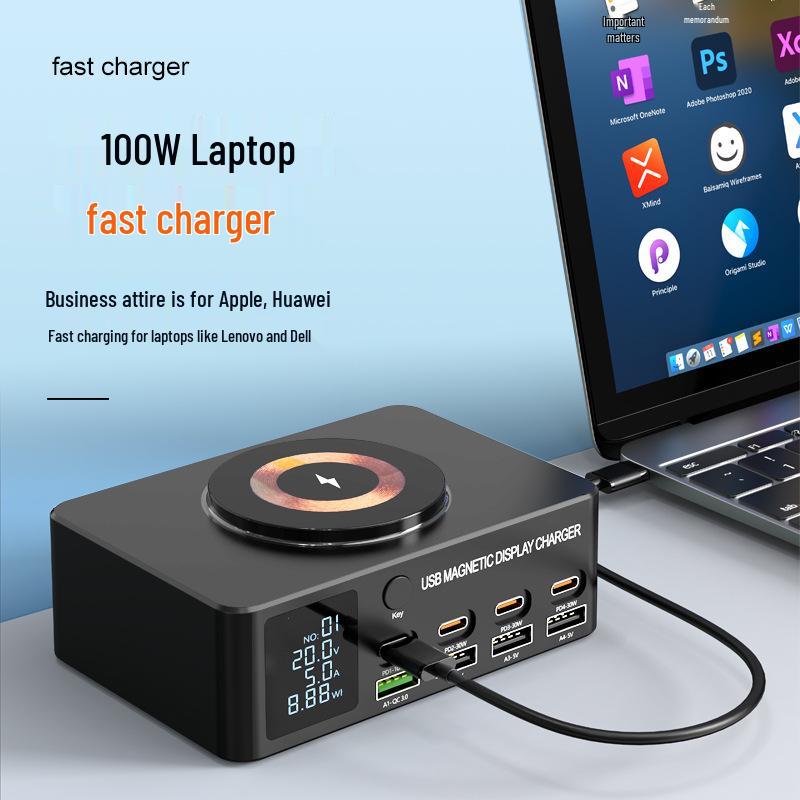 140W Multi-Port Desktop Charger with PD100W Fast Charging, Digital Display & Magnetic Wireless Charging for Phones and Laptops.