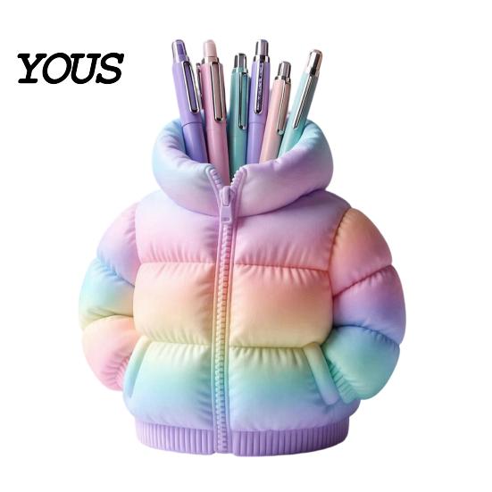 Creative Desktop Decoration Rainbow Down Coat Pen Holder, 3D Printed Puffer Jacket Colorful Gradient Stand Desk Organizer, Storage for Stationery And