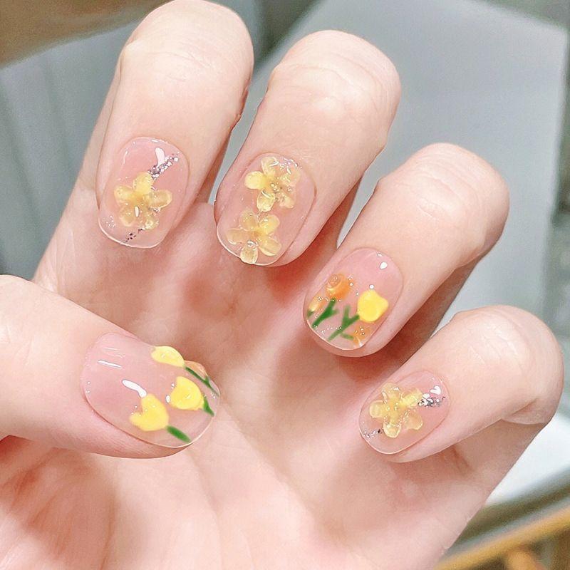 

Handmade Manicure Wear Nail Short Summer Ice Transparent Nude Color Hand Painted Three-Dimensional Tulip Nail Stickers Fake Nails Tulip ultra short square XS