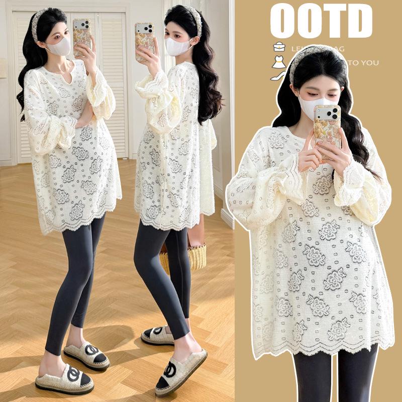 2026 Spring Plus Size Trendy Maternity Hollow-Out T-Shirt for Fashionable Moms 3XL