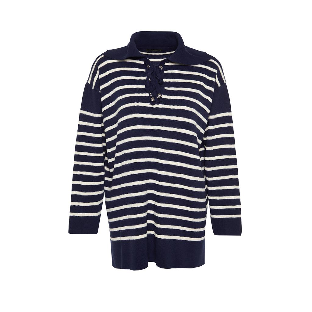 Marineblauer bequemer gestreifter Strickpullover Tctaw24ak00172