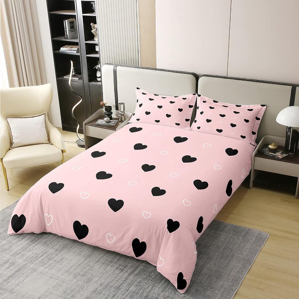 3 Pieces Bedding Set With Zipper Closure Red Heart Duvet Cover Queen Love Heart Pattern White Comforter Covers Set Cute Print