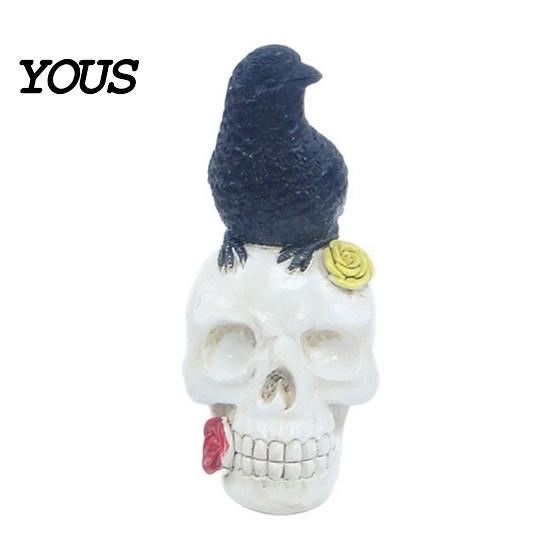 Resin Skeleton Decor Gothic Halloween Skull Figurine, Spooky Ghost/Raven on Statue, Art Tabletop Ornament for Desk, Mantel, Shelf Unique Holiday