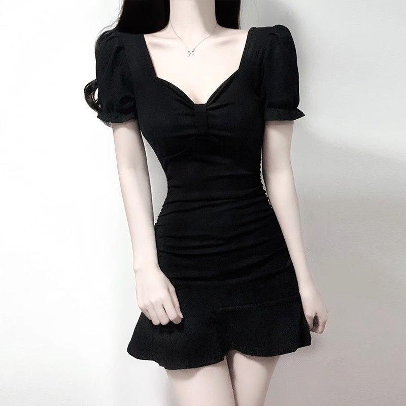 Black Knit Fabric Short Sleeve Mermaid Skirt With Ruffles For Summer Casual Wear