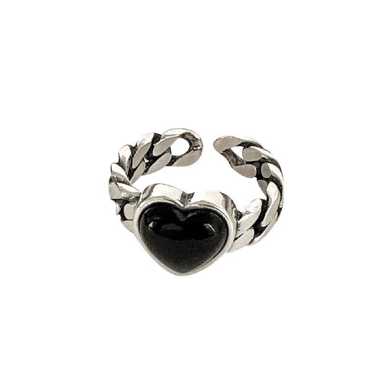 Retro Heart Chain Open Ring: Distressed Black Geometric Design for Girls & Best Friends