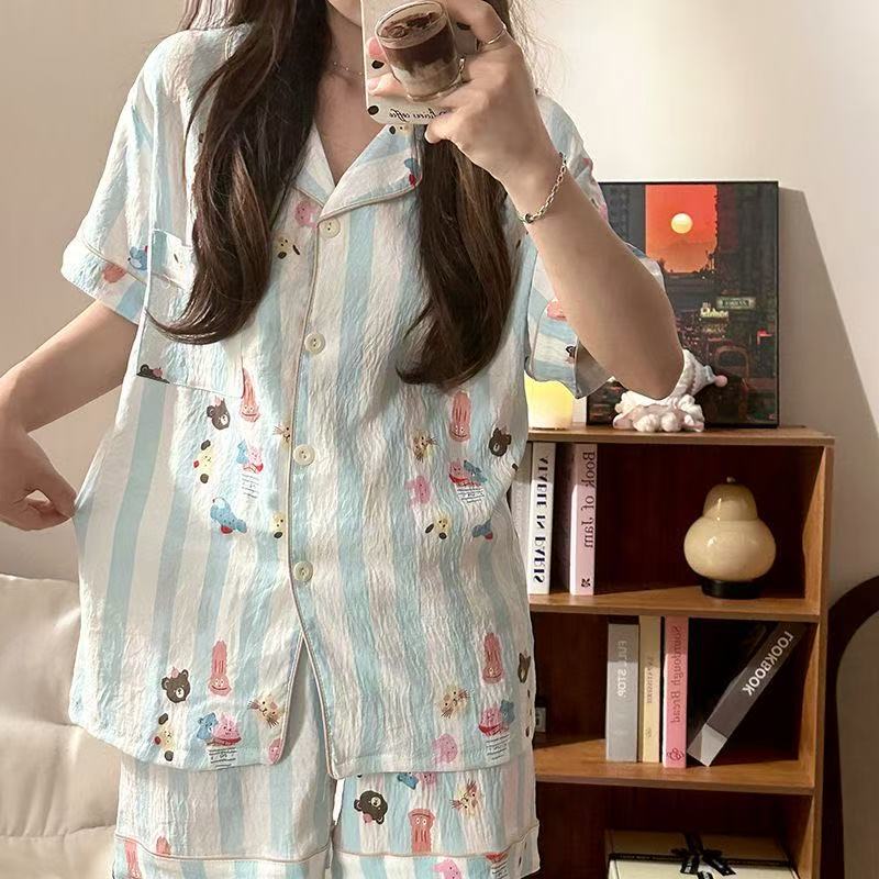 

Pajamas Women S Summer Cloud Cotton Double Short With Chest Pad Small Lapel Short Sleeve Shorts Casual Loungewear Set one size fits all