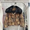 Европейская зима новый леопардовый пуховик женский короткий с большим меховым воротником утепленный модный теплый жакет меховая куртка