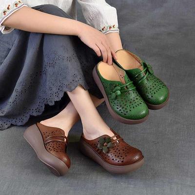Ciabatte Zeppa Stile Etnico Fiore Vera Pelle Vuoto Retro Sandali da Donna per Esterno
