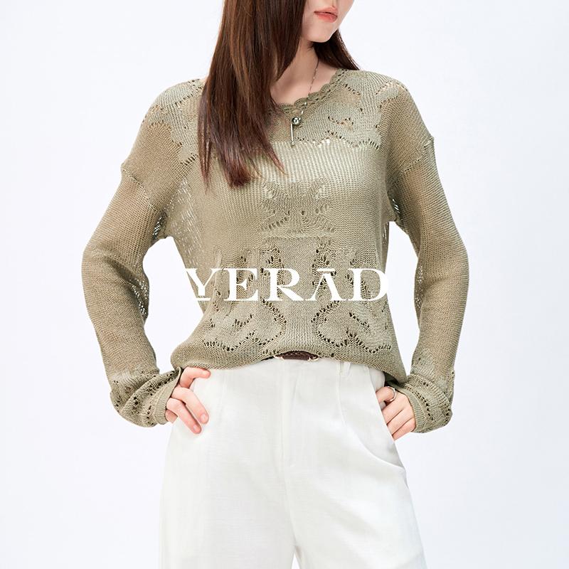 Relaxation · Hollow Jacquard Long Sleeve Knitted Shirt for Women
