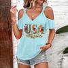 T-shirt décontracté pour femme à épaules dénudées et bretelles à nouer, col en V, manches courtes, haut d'été avec imprimé USA et coupe ample pour un usage quotidien