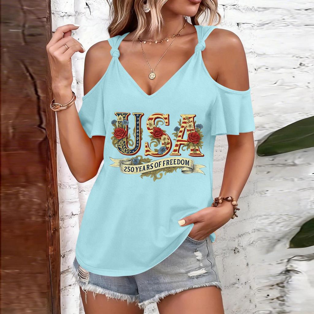 T-shirt décontracté pour femme à épaules dénudées et bretelles à nouer, col en V, manches courtes, haut d'été avec imprimé USA et coupe ample pour un usage quotidien