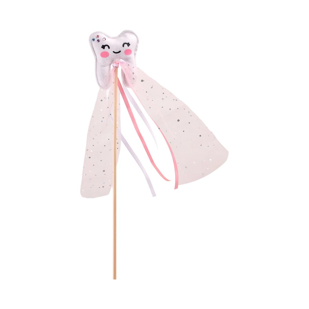 Tooth Fairy Wand with Smiling Tooth Design and Attached Ribbon Streamers on Wooden Stick for Themed Events and Decorations
