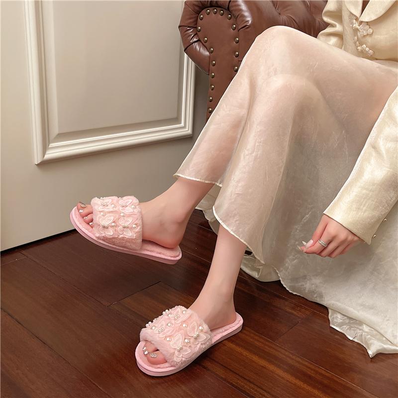 Modne Kapcie Damskie Codzienne Płaskie Niskie Obcasy Krótkie Pluszowe Futro Damskie Buty Wsuwane Sznurowane Koralik Perła Zimowe Buty Duży Rozmiar